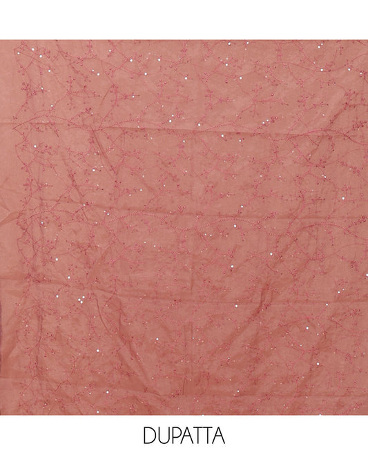 Onion pink material chudidar set, floral printed & outline mixed embroidery organza top,plain bottom & floral vine sequins embroidery dupatta