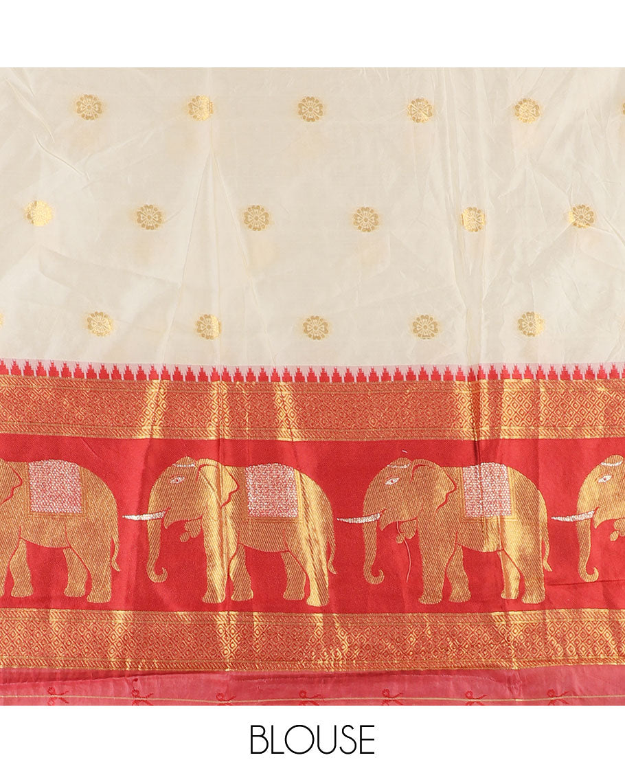 Cream-crimson half-saree, zari buttas with contrast traditional zari elephant motifs bordered skirt, matching blouse and a contrast zari border dhavani