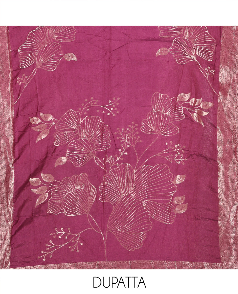 Purple Semi-Silk Material Chudidar Set, Adorned with Pom-Pom Necklined Top, a Plain Santoon Bottom, and Paired Floral Zari Woven Semi-Silk Dupatta