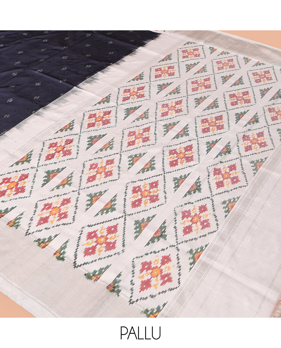 Grey Pochampally Ikat Silk Saree, Subtly Sparkled with Ikkat Buttas on Its Body, Complemented by a Contrast Diamond-Patterned Border, Pallu of Diamond-Patterns, and Paired with a Contrast Blouse