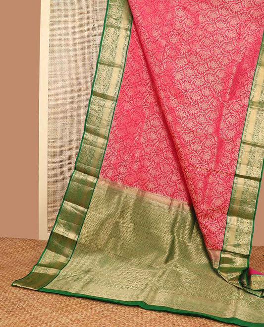 Red floral jaal design kancheepuram silk saree with contrast border of thilakam mokku, banaras, paun, muthu, yanai design & zari design pallu
