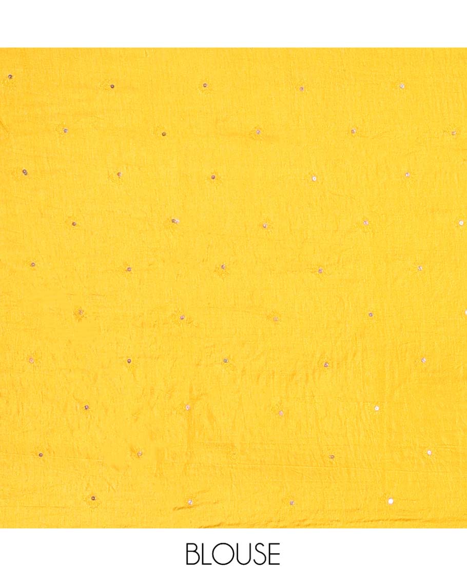 Yellow Dola Silk Saree, Beautifully Bedecked with Colorful Intricate Mughal-Style Design on Its Body, Complemented by Contrast Mughal-Style Border, Pallu of Mughal-Style Design, and Paired with a Matching Blouse