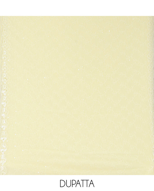 Lemon Yellow Fox Georgette Material Chudidar Set, Adorned with Cut Work and Sequins Embroidered Top, a Plain American Crepe Bottom, and Comes with a  Embroidered Georgette Scallop Dupatta