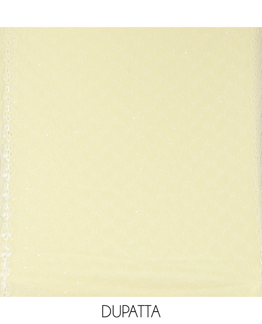 Lemon Yellow Fox Georgette Material Chudidar Set, Adorned with Cut Work and Sequins Embroidered Top, a Plain American Crepe Bottom, and Comes with a  Embroidered Georgette Scallop Dupatta