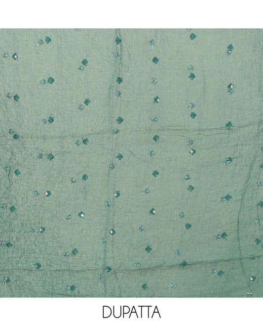 Green material chudidhar set, floral print & embroidered top, plain bottom & embroidered dupatta