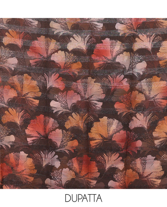 Black Material Churidar Set, Spotlighted with Floral Printed Patch Embroidery Vichitra Silk Top, Comes with a Plain Santoon Bottom, and a Floral Printed Shimmer Georgette Dupatta