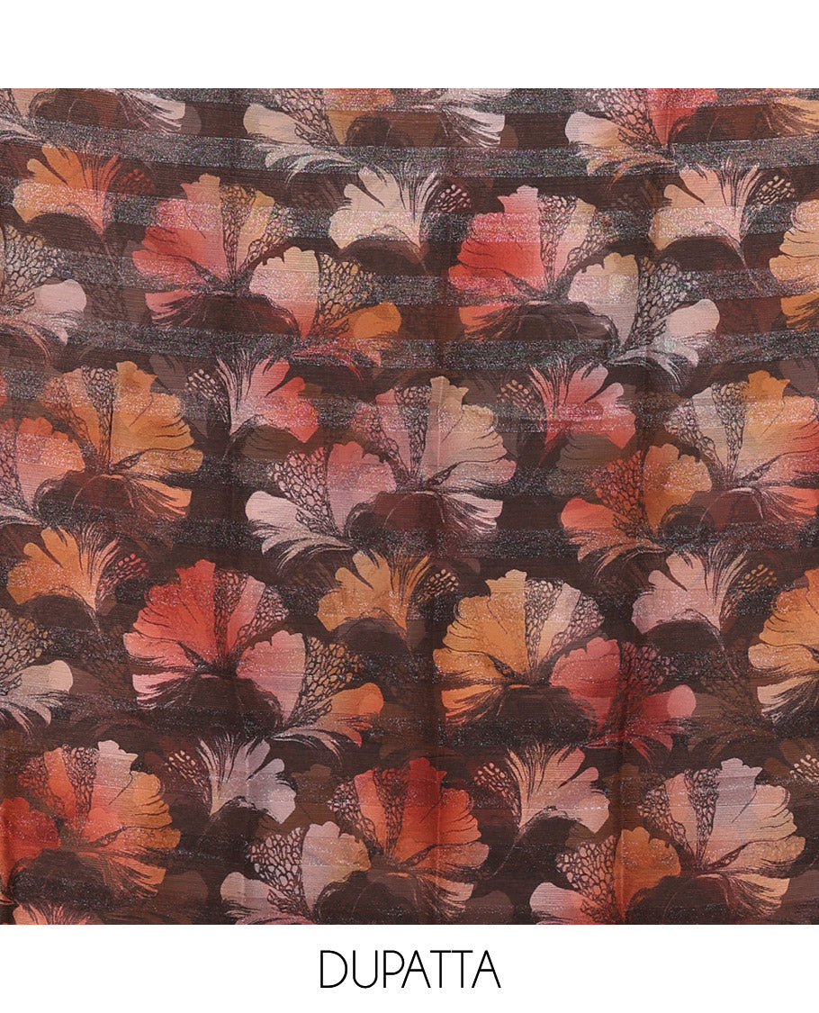 Black Material Churidar Set, Spotlighted with Floral Printed Patch Embroidery Vichitra Silk Top, Comes with a Plain Santoon Bottom, and a Floral Printed Shimmer Georgette Dupatta