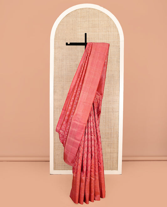 Red Kanchipuram Wedding Silk Saree, Beautified with Jacquard Design, a Traditional Zari Border, Greek Key Pallu, and a Matching Blouse