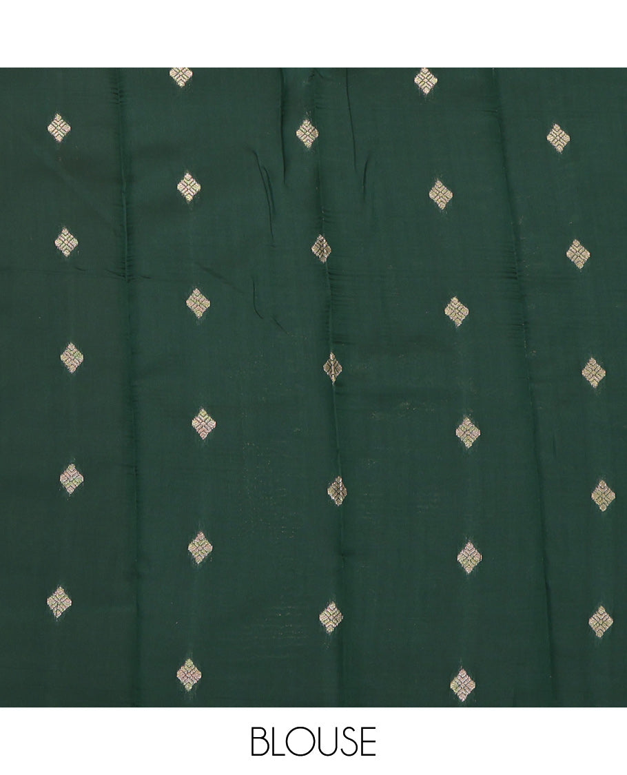 Orange Litchi Saree, Beautified with Zari Buttas, a Contrast Traditional Zari Border, Grand Pallu, and a Contrast Blouse