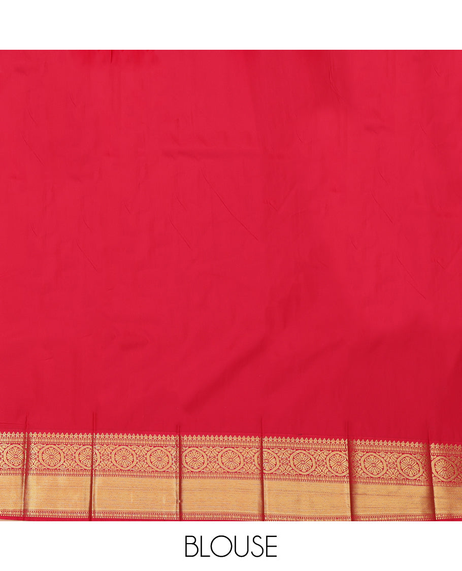 Green Budget Silk Saree, Enthralled with Zari Buttas and Stripes, Complemented by a Contrast Traditional Zari Border, Grand Jaal Pallu, and Contrast Blouse
