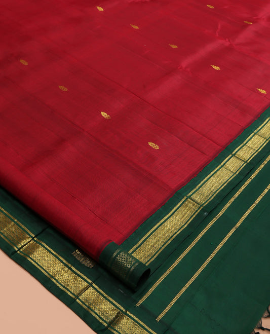 Red Kanchipuram Silk Saree, Woven with Zari Buttas, a Contrast Korvai One-Sided Border of Banaras, and Jaal Designs, Zari Design Pallu, and No Blouse