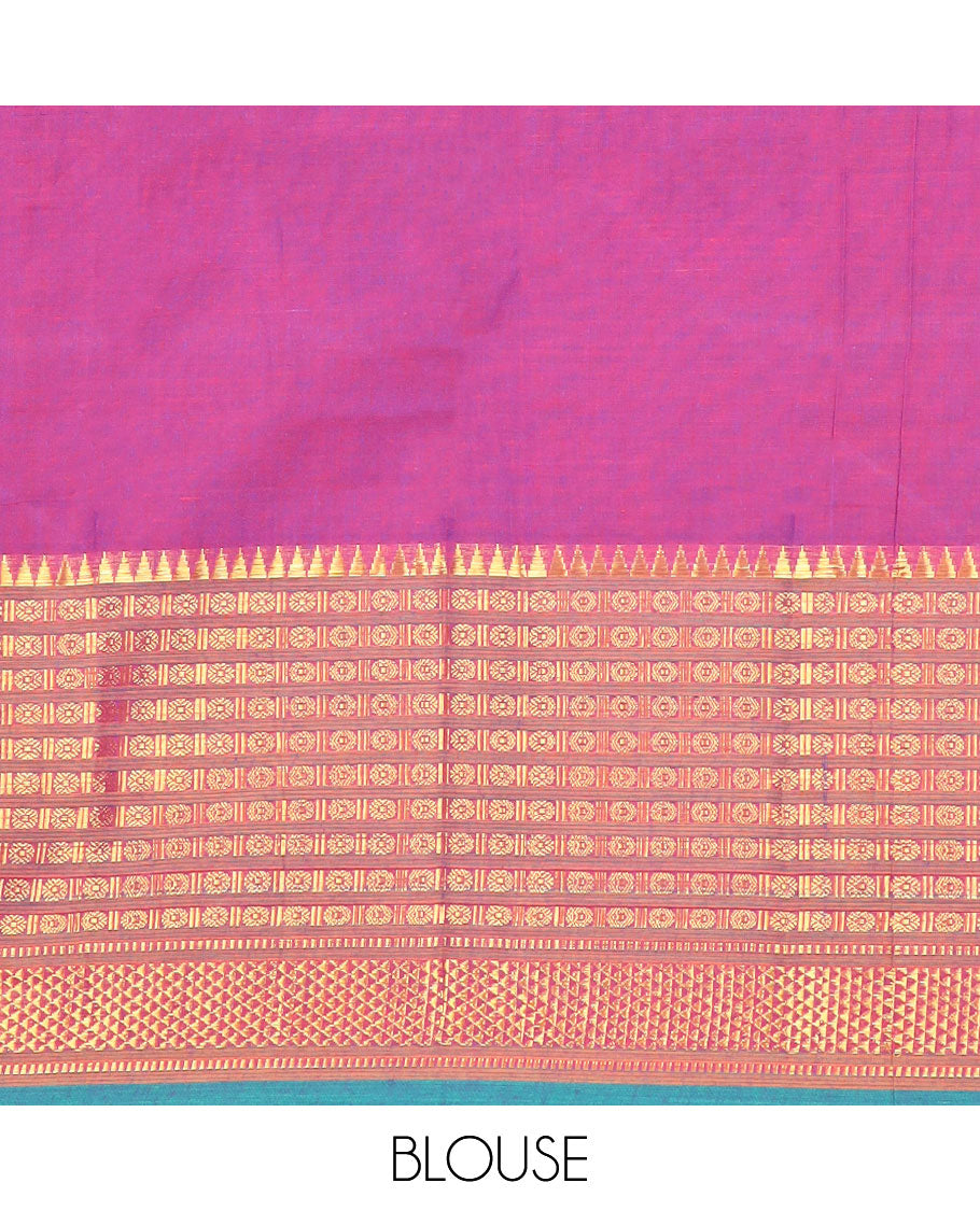Purple cotton half saree with contrast temple, paun, checked design border, zari design blouse & zari design dhavani