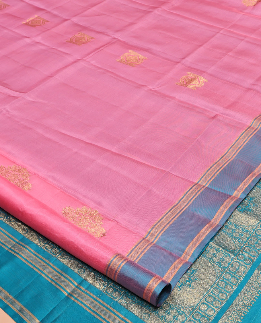 Pink Mayuri Lite Silk Mix Saree, Masterfully Woven with Zari Buttas All Over Its Body, Complemented by a Contrast Border, Pallu of Intricate Zari Designs, and Paired with a Contrast Blouse