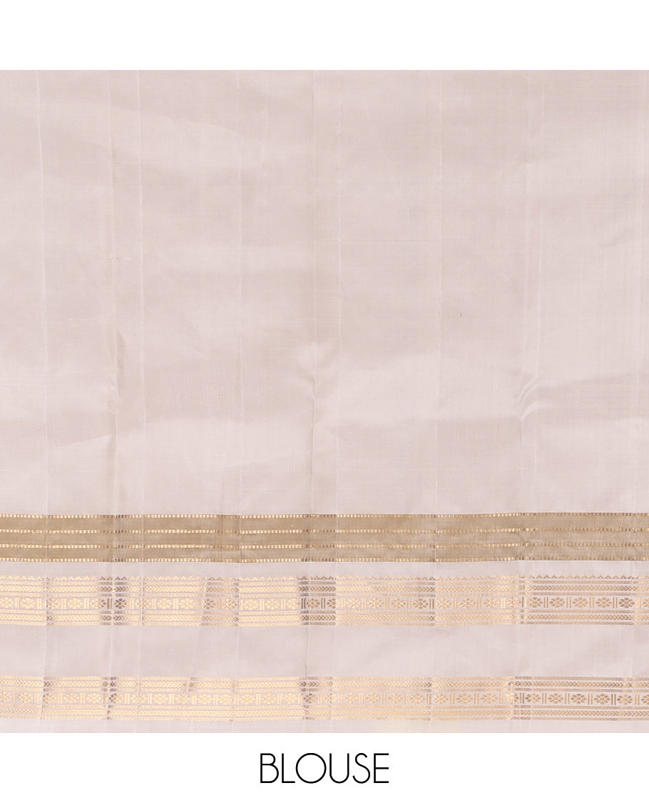 Brown Kanchipuram Silk Saree, Crafted with Zari Buttas, Complemented by a Contrast Rettai Pettu Border of Rekku, Banaras, Kathir, Muthu, and Kamalam, Grand Pallu, and a Contrast Blouse