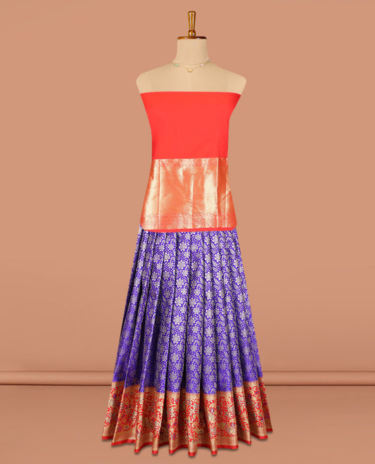 Blue Jacquard Art Silk Pavadai Material Features a Contrast Traditional Border, a Contrast Blouse