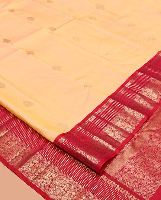 Yellow Vasundhara Silk Saree, Sparsely Woven with Zari Buttas, Complemented by Contrast Traditional Border, Jaal Pallu, and a Contrast Blouse