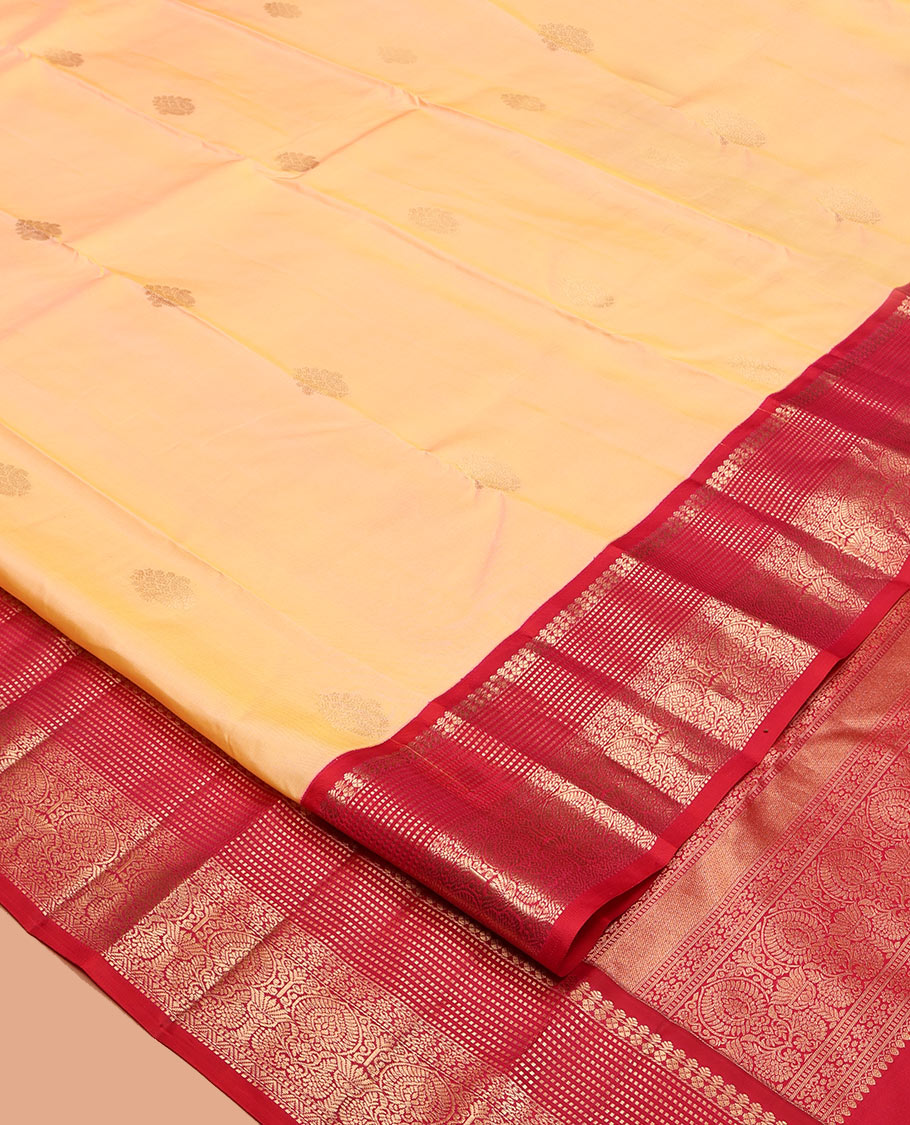 Yellow Vasundhara Silk Saree, Sparsely Woven with Zari Buttas, Complemented by Contrast Traditional Border, Jaal Pallu, and a Contrast Blouse