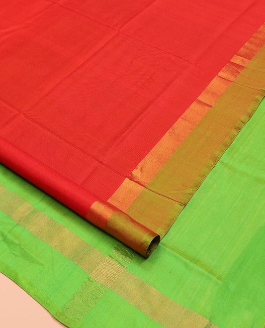 Red Plain Uppada Silk Saree, Complemented by a Contrast Plain Border, Pallu of Zari Designs, and Paired with a Contrast Blouse