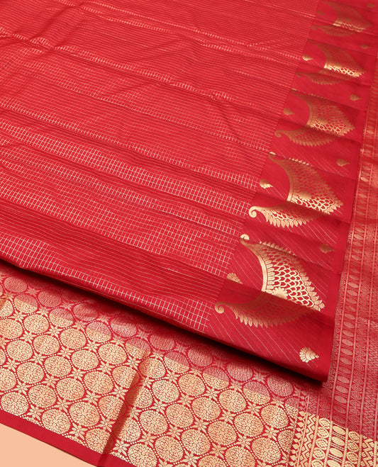 Red Vasundhara Silk Saree, Gleamed Up with Zari Checks, Highlighted by a Traditional Zari Border, Grand Intricate Pallu, and a Matching Blouse