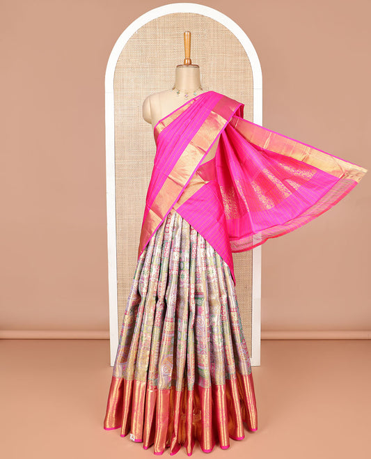 multi-color floral design silk half saree with contrast border of intricate zari design border, zari design blouse & floral design dhavani