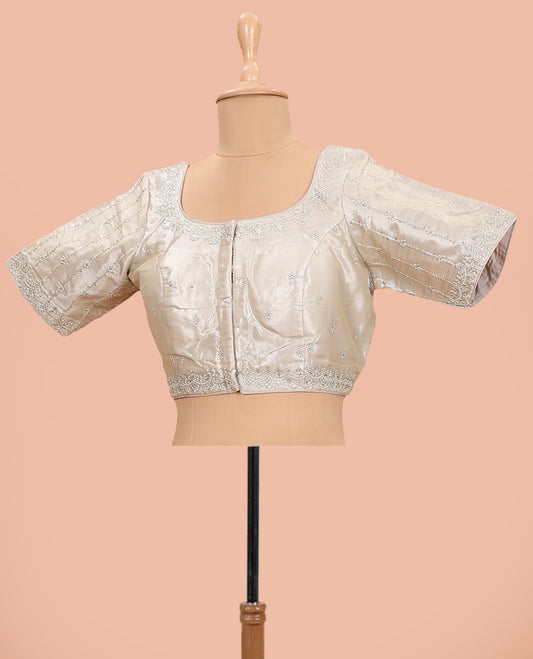 Grey embroidered round neck with elbow sleeve  raw-silk blouse