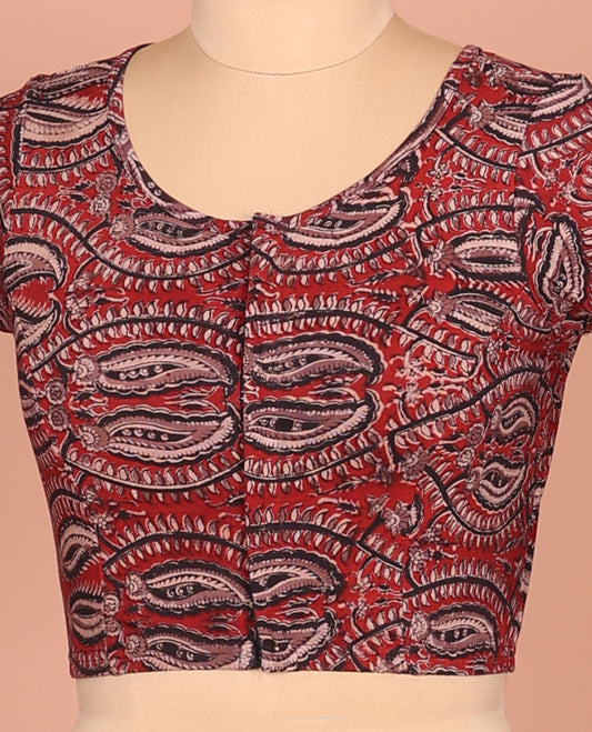 Chilli Red Cotton Readymade Blouse Subtly Printed with All-Over Flora-Paisley Vine, Featuring a Front Round-Neck, a Back Round-Neck, and Elbow Sleeves