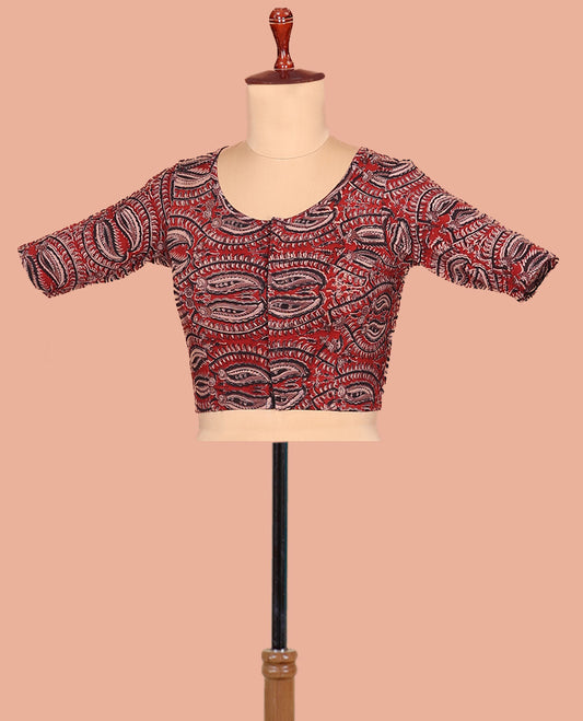 Chilli Red Cotton Readymade Blouse Subtly Printed with All-Over Flora-Paisley Vine, Featuring a Front Round-Neck, a Back Round-Neck, and Elbow Sleeves