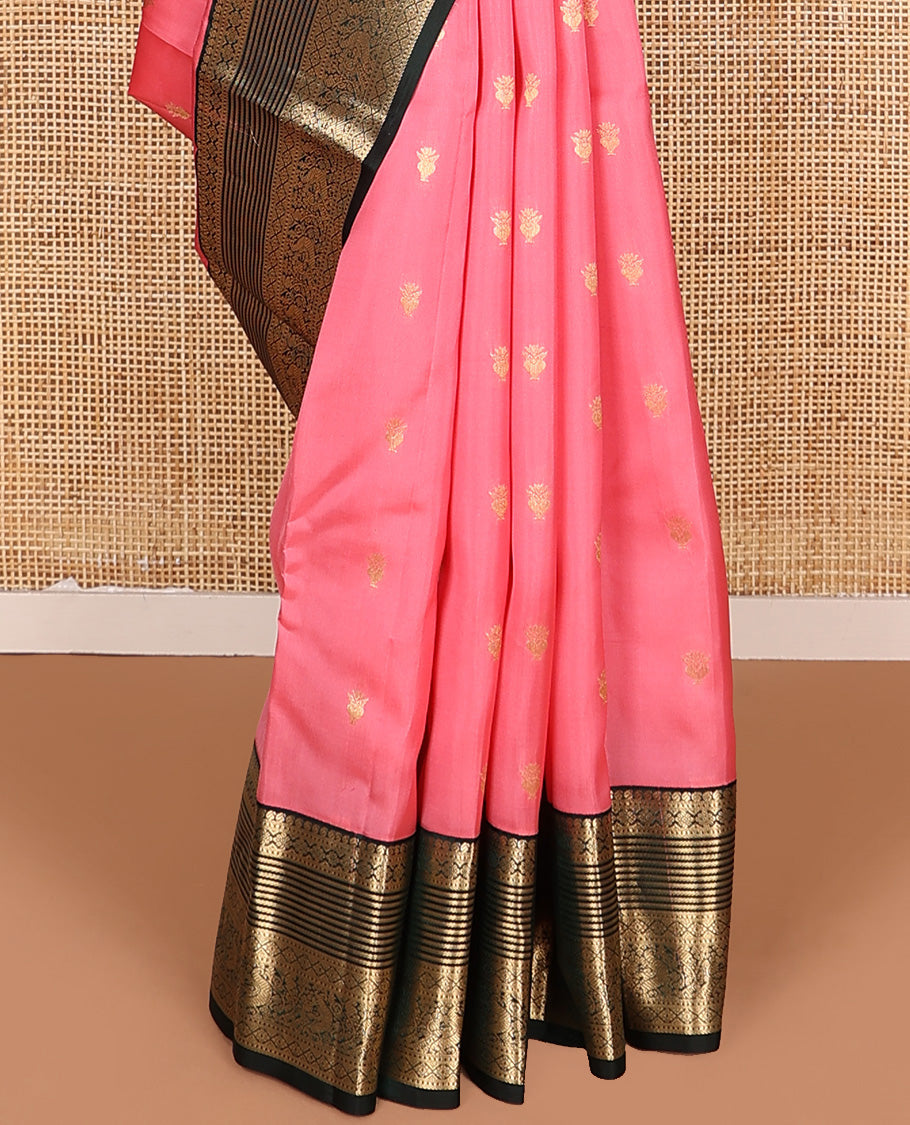 Pink zari buttas Vasundhara silk mix saree, contrast border of manga, muthu, kamalam, diamond, and mayil designs, and pallu of leaf vine
