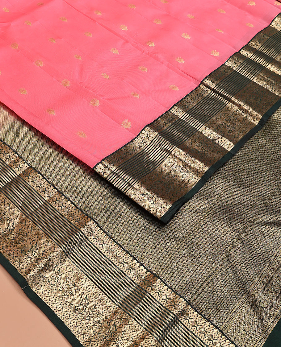 Pink zari buttas Vasundhara silk mix saree, contrast border of manga, muthu, kamalam, diamond, and mayil designs, and pallu of leaf vine