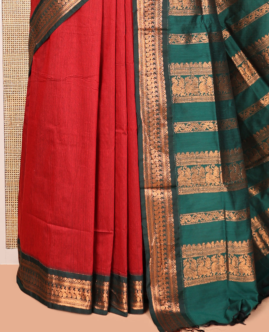 Red Plain Kalyani Cotton Saree, a Contrast Traditional Zari Border, Grand Pallu, and a Contrast Blouse