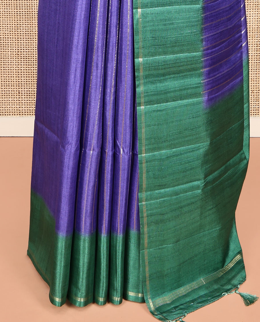 Blue Fancy Tussar Saree, Highlighted by Vertical Zari Stripes Across Its Body, Complemented by Captivating Contrast Geometric Patterned Border, Subtle Pallu and Paired with a Contrast Blouse