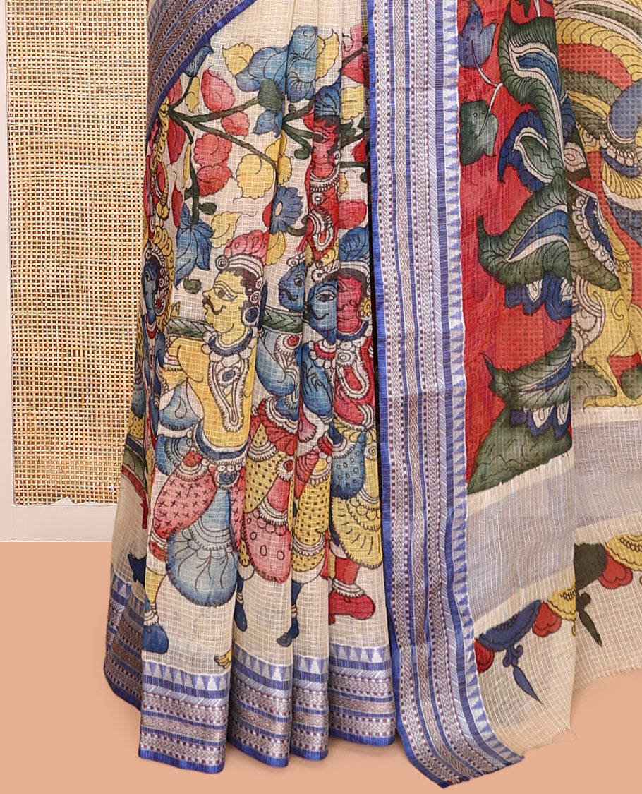 Light Sandal Kalamkari Silk Saree, Masterfully Woven with Human Figurines, a Contrast Traditional Border, Peacock Pallu, and a Contrast Blouse