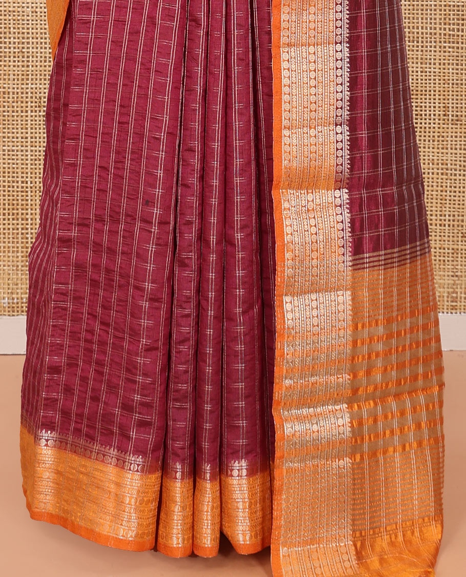 Red Semi-Banarasi Dupion Saree, Adorned with Checks, Complemented by a Contrast Traditional Design Border, Striped Pallu, and Paired with a Contrast Blouse