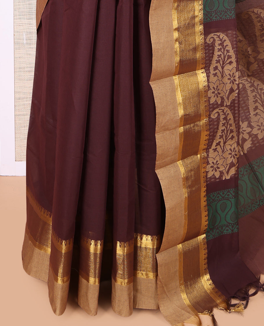 Brown Plain Kanchi Cotton Saree