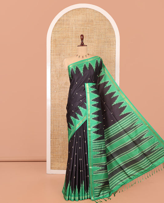 Black Kathan Silk Saree Adorned with Buttas, Contrast Temple Border, Temple pallu, and Striped Blouse