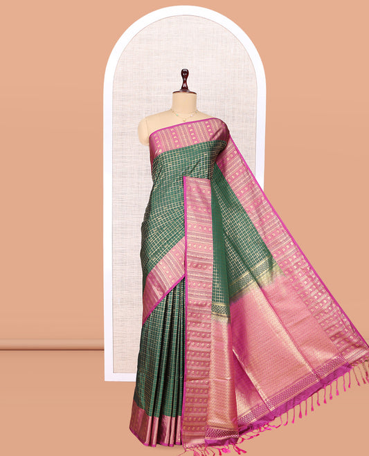 Green Contrast Traditional Checks Budget Silk Saree