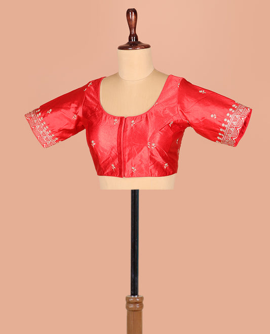 Scintillating Red Readymade Blouse Delicately Embroidered with Floral Motifs, Featuring Front Round Neck, Back Round Neck, and Embroidered Elbow Sleeves