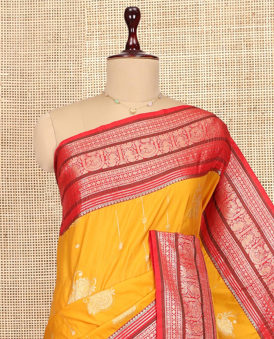 Mustard-Pink Zari Design Budget Silk Saree, a Contrast Traditional Zari Design Big Border, Grand Pallu, Contrast Blouse