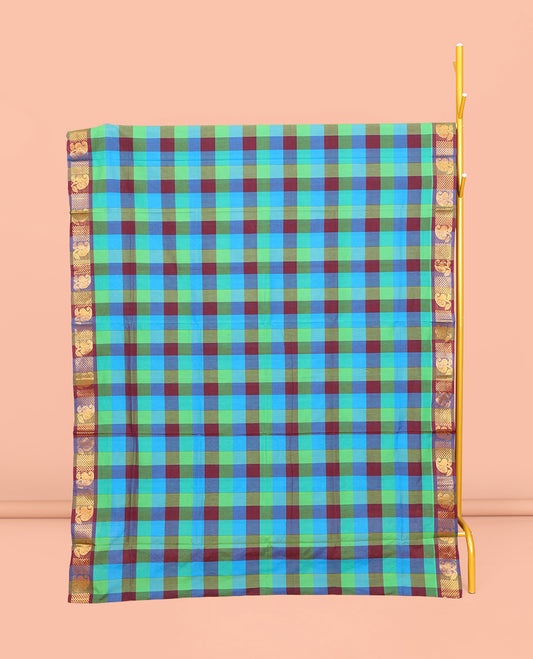 Multi-Color Chettinad Cotton Saree, Elevated with Checks, Highlighted by Traditional Zari Border, Striped Pallu, and No Blouse