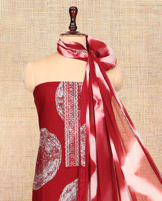 Maroon Rayon Material Churidar Features Circle Buttas and Neck Embroidery Top, a Contrast Bottom, Shibori Printed Dupatta