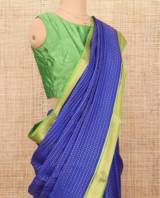 Blue Mysore Silk Saree, Elevated with Zari Butta Enclosed Checked Design on Its Body, Complemented by a Contrast Zari Border, Pallu Features Zari Designs, and Paired with a Contrast Blouse