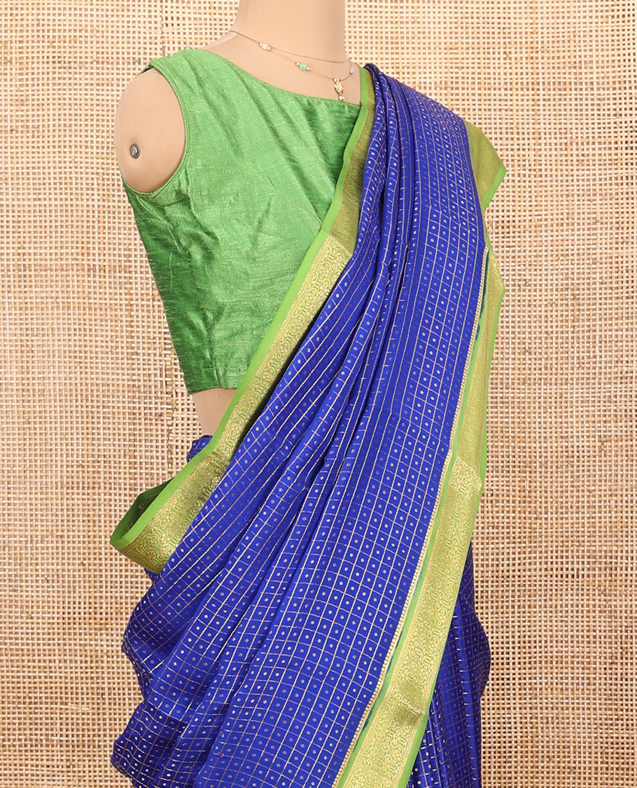 Blue Mysore Silk Saree, Elevated with Zari Butta Enclosed Checked Design on Its Body, Complemented by a Contrast Zari Border, Pallu Features Zari Designs, and Paired with a Contrast Blouse