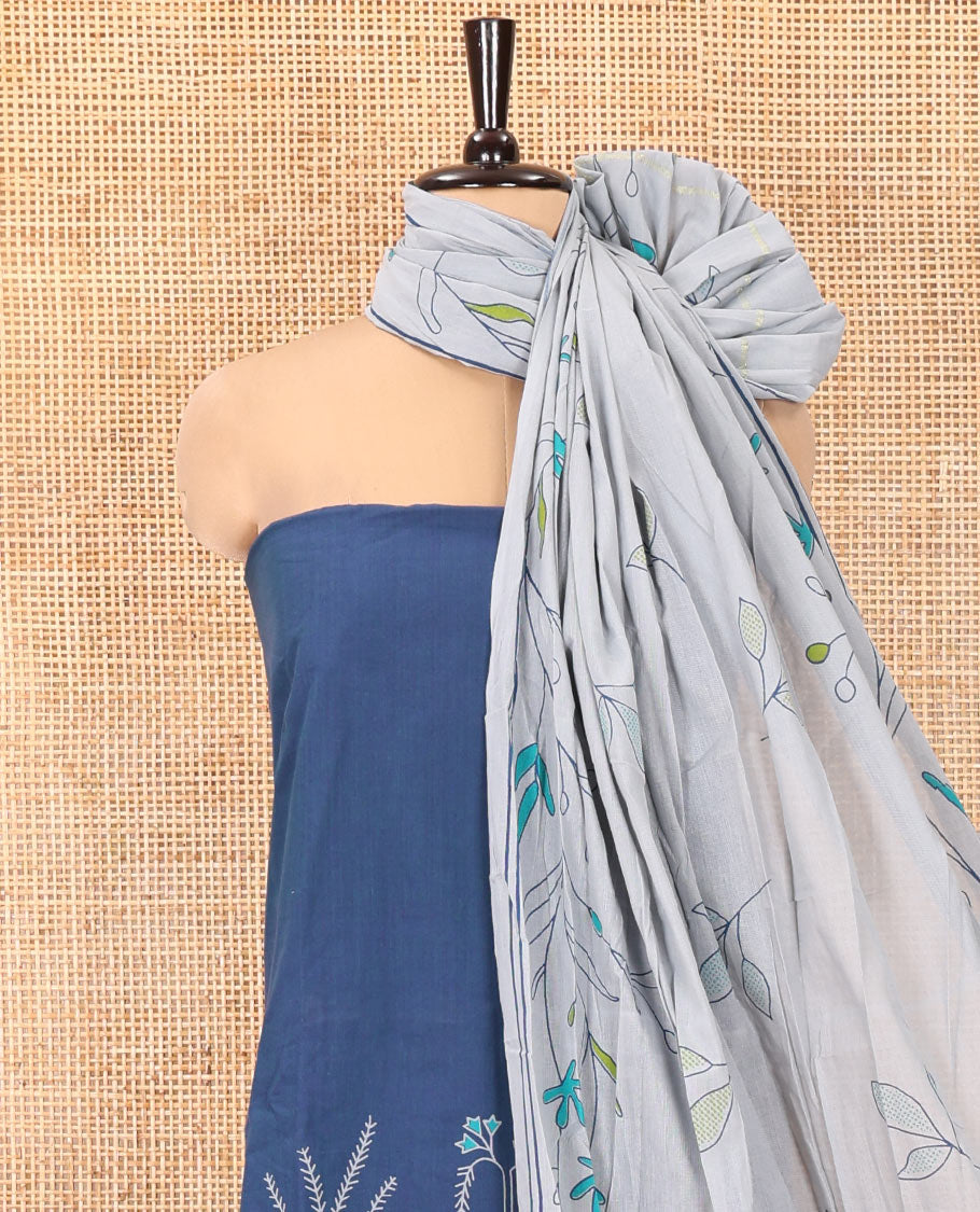 Blue Handloom Cotton Material Chudidar Set, Adorned with Floral Design Print On Its Top, Complemented by Contrast Bottom, and Paired with a Contrast Floral Printed Dupatta