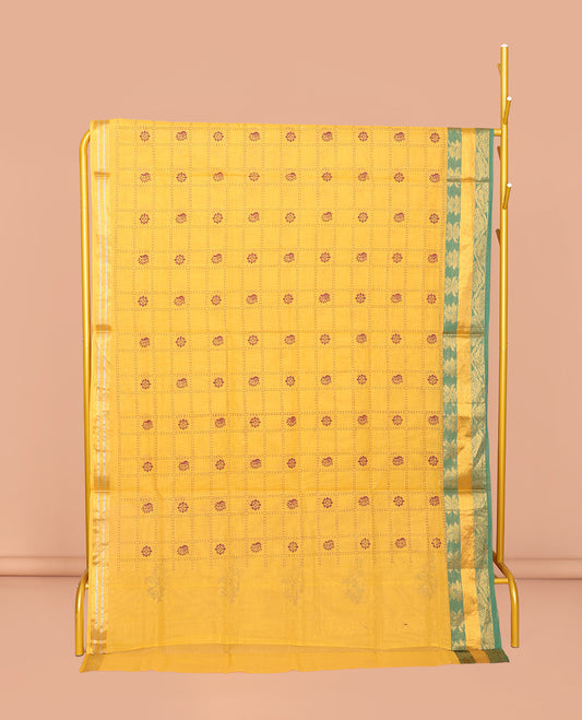 Yellow Venkatagiri Cotton Saree, Adorned with Butta Enclosed Checks, a Traditional Zari Border, a Floral-Print Pallu, and No Blouse