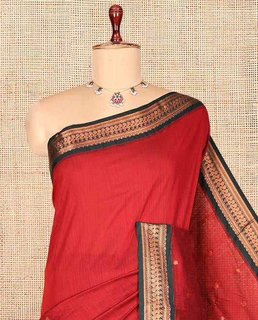 Red Plain Kalyani Cotton Saree, a Contrast Traditional Zari Border, Grand Pallu, and a Contrast Blouse