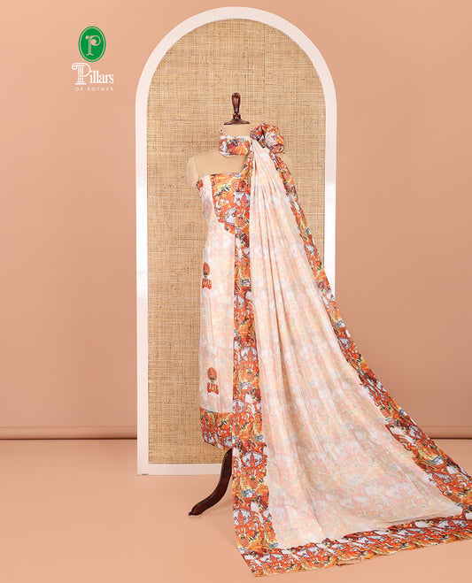 Cream Semi-Silk Material Chudidar, Kerala Kathakali Printed Top, Santoon Bottom, and Printed Dupatta