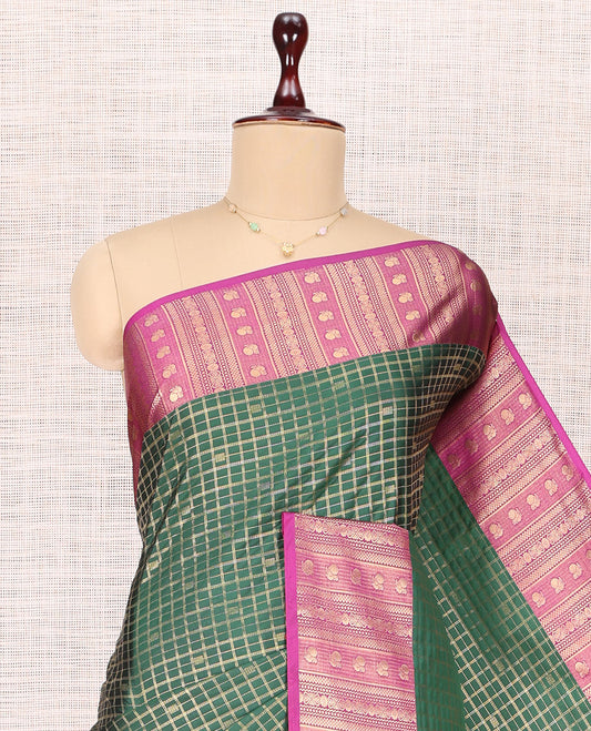 Green Contrast Traditional Checks Budget Silk Saree