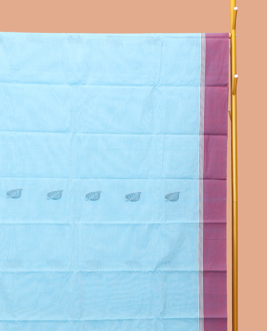 Blue Kanchi Cotton Saree, Adorned with Leaf Buttas On Its Body, Complemented by a Contrast Border, Intricate Patterned Pallu, and a Matching Blouse