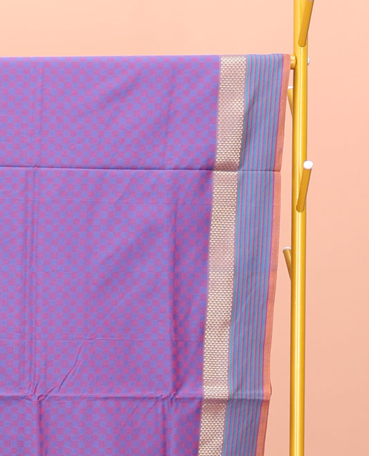 Lavender Poly Cotton Saree, Beautified with Checked Design on Its Body, Highlighted by a Traditional Zari Ara Maadam Border, Complemented by Contrast Striped Pallu, and Paired with a Contrast Blouse