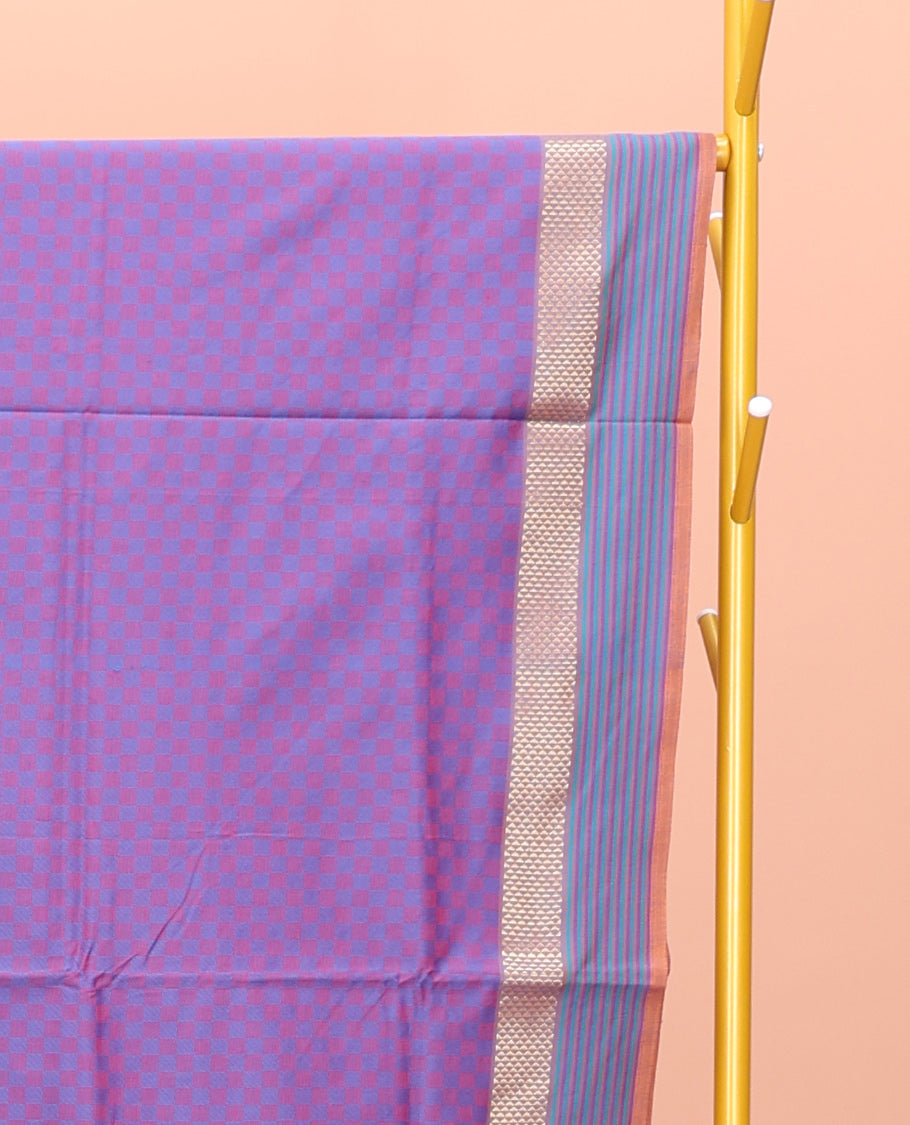 Lavender Poly Cotton Saree, Beautified with Checked Design on Its Body, Highlighted by a Traditional Zari Ara Maadam Border, Complemented by Contrast Striped Pallu, and Paired with a Contrast Blouse